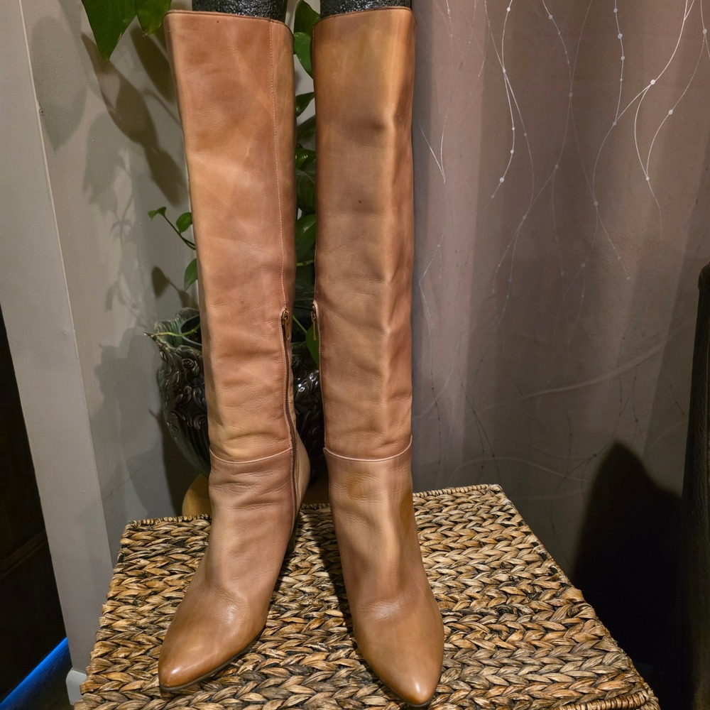 Stuart Weitzman Knee High Wedge Tall Boots 8.5 M Tan Leather Pointed Toe 69397